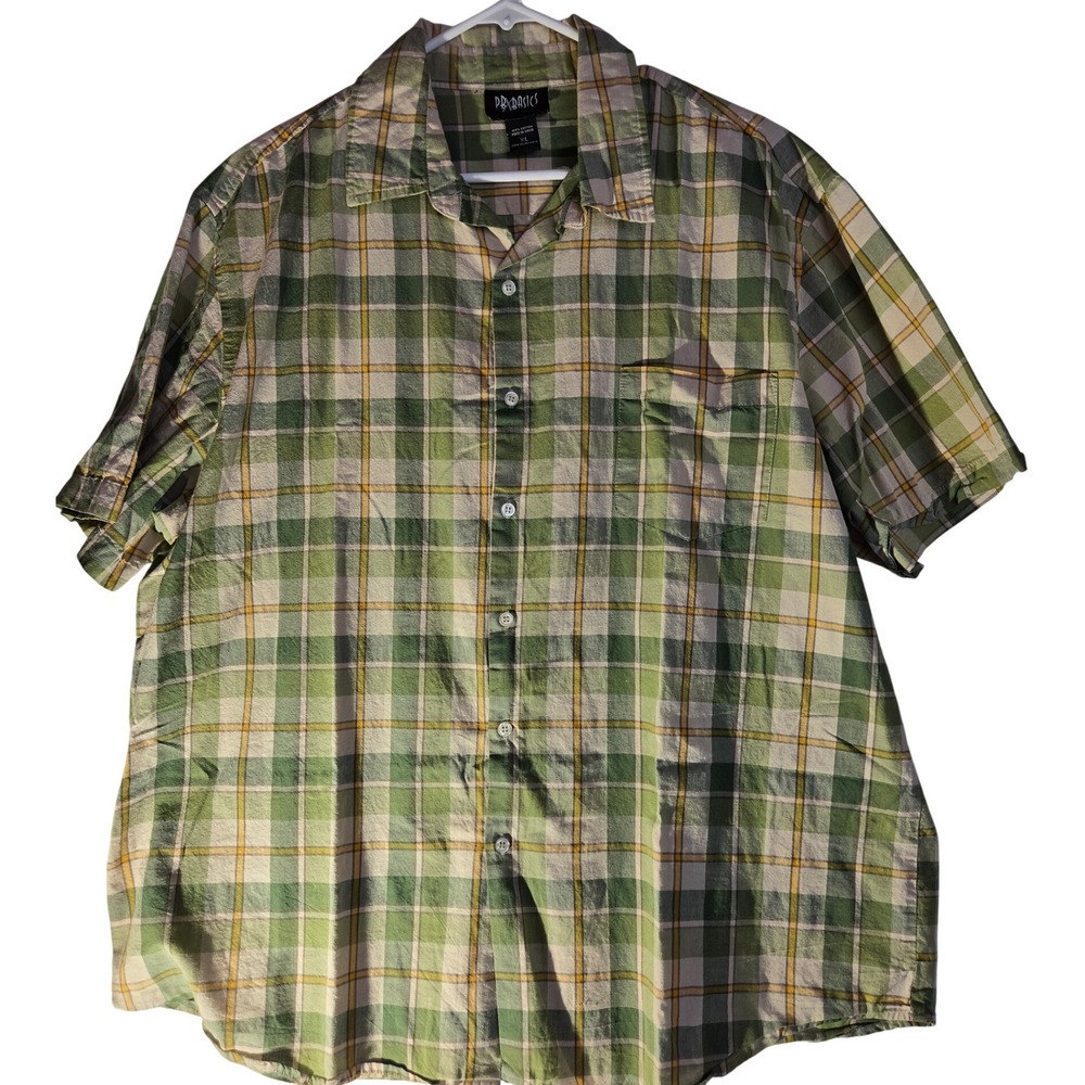 PB Basics Mens XL Green Yellow Plaid Short Sleeve Cotton Button Down Shirt